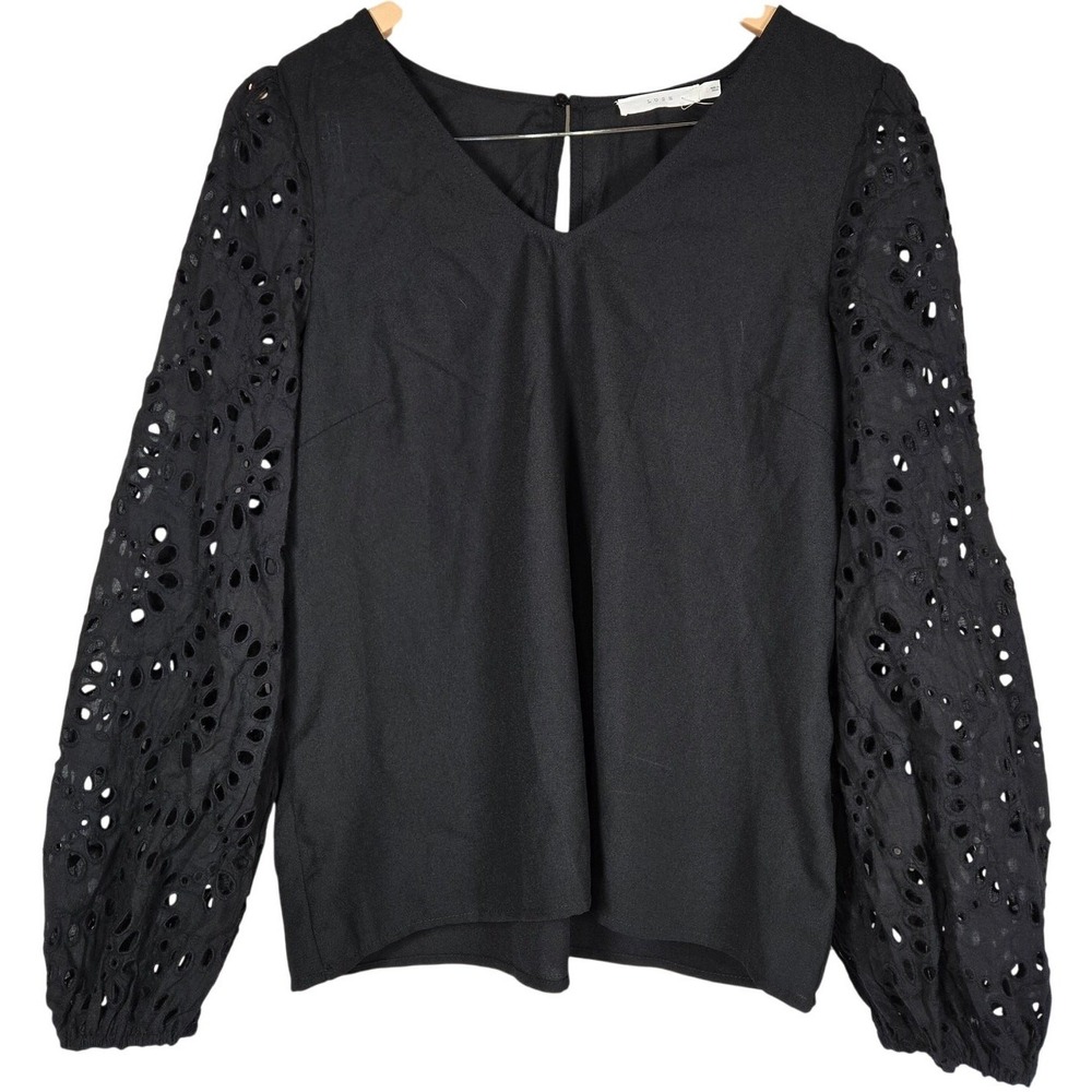 Lush Black Women's V-Neck Top with Lace Sleeves L NWOT